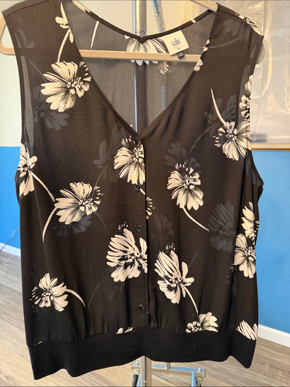 CAbi Black Floral V-Neck Button Front Sleeveless Blouse